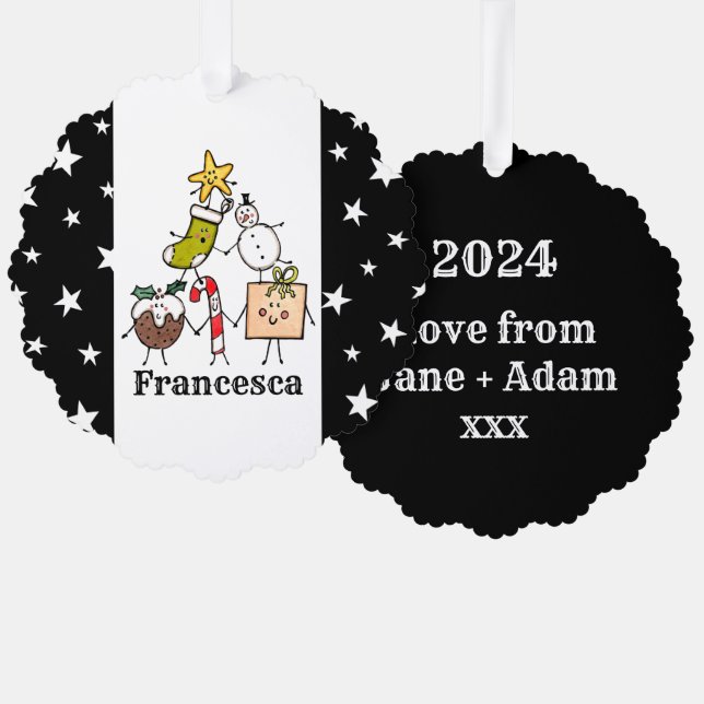 Personalized Cute Christmas Characters Tree Decoration Card (Front/Back)
