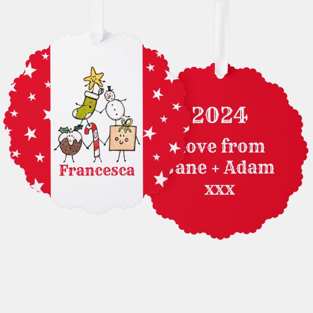 Personalized Cute Christmas Characters Tree Decoration Card (Front/Back)