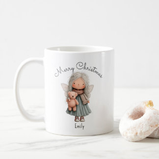 Personalized Cute Christmas Fairy Girl and Teddy   Coffee Mug
