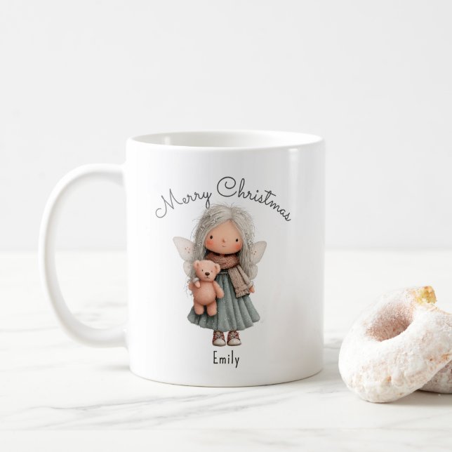 Personalized Cute Christmas Fairy Girl and Teddy   Coffee Mug (With Donut)
