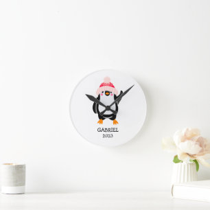 Personalized Cute Christmas Penguin in Red Hat  Round Clock