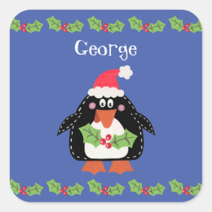 Personalized Cute Christmas Penguin Square Sticker