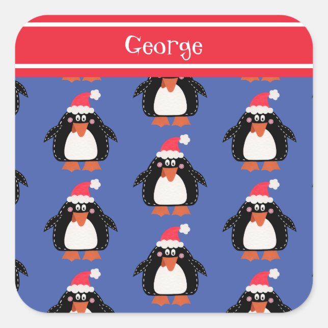 Personalized Cute Christmas Penguin Square Sticker (Front)