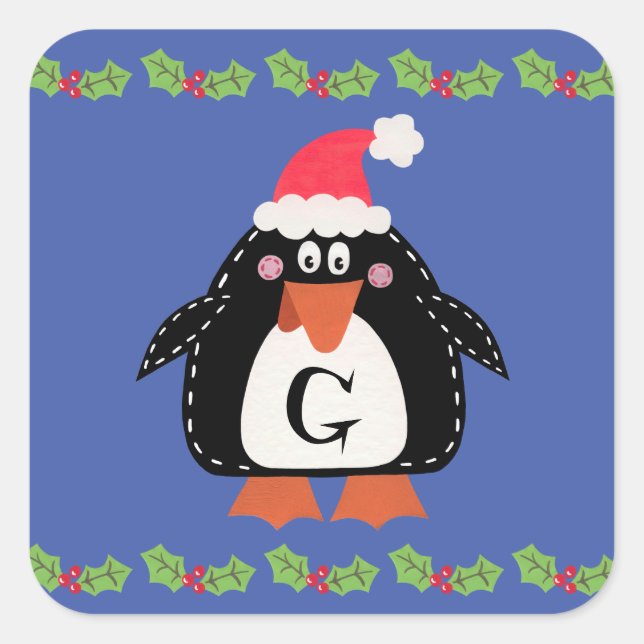Personalized Cute Christmas Penguin Square Sticker (Front)
