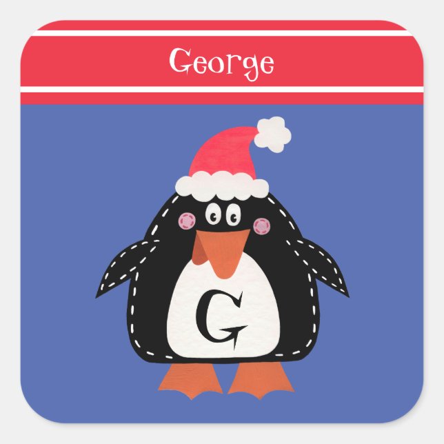 Personalized Cute Christmas Penguin Square Sticker (Front)