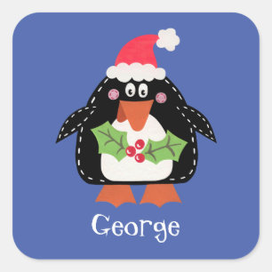 Personalized Cute Christmas Penguin Square Sticker