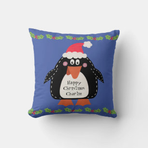 Personalized Cute Christmas Penguin Throw Cushion