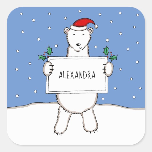 Personalized Cute Christmas Polar Bear Christmas  Square Sticker (Front)