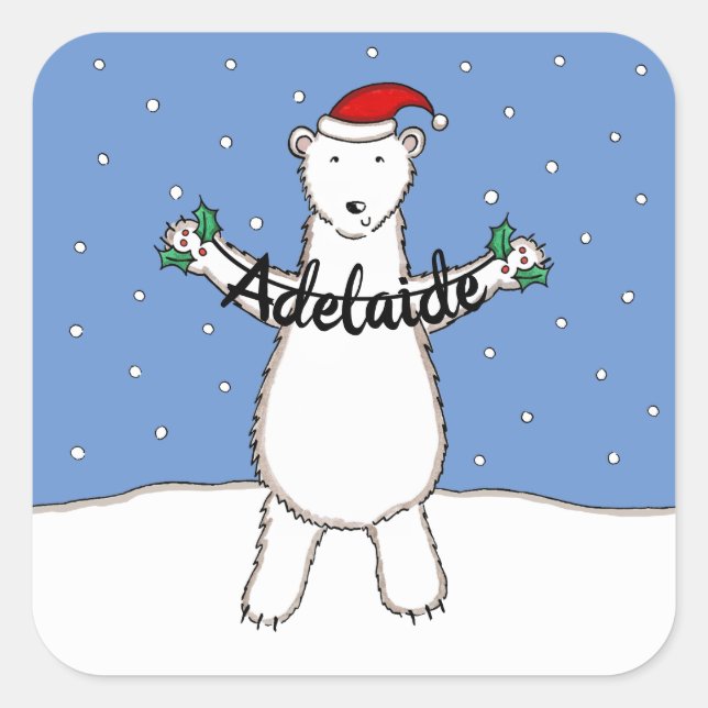 Personalized Cute Christmas Polar Bear Christmas Square Sticker (Front)