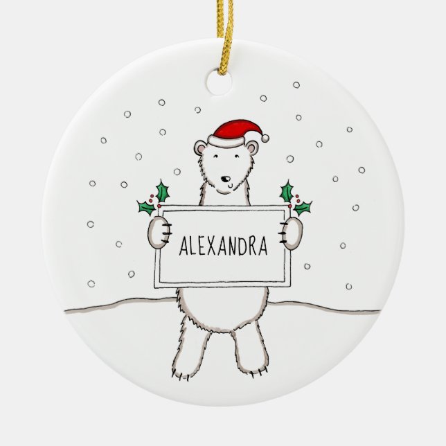 Personalized Cute Christmas Polar Bear Tree Ceramic Ornament (Front)