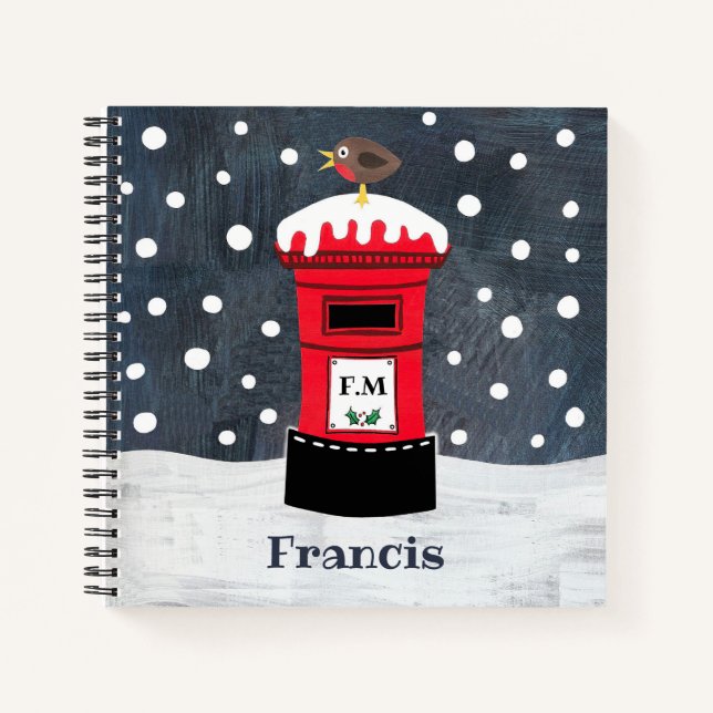 Personalized Cute Christmas Post Box & Robin Noteb Notebook (Front)