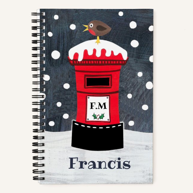 Personalized Cute Christmas Post Box & Robin Notebook (Front)