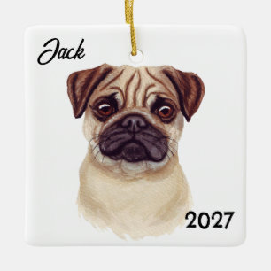 Personalized Cute Christmas Pug Ceramic Ornament