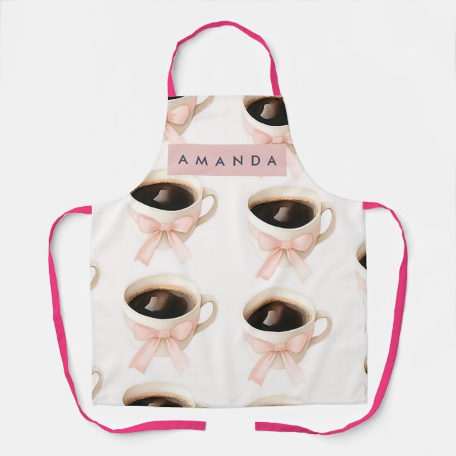 Personalized Cute Coffee Cup Coquette Pattern Apron (Front)
