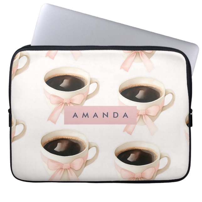 Personalized Cute Coffee Cup Coquette Pattern Laptop Sleeve (Front)
