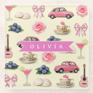 Personalized Cute Coquette Pink Cocktail Ribbon Glass Coaster