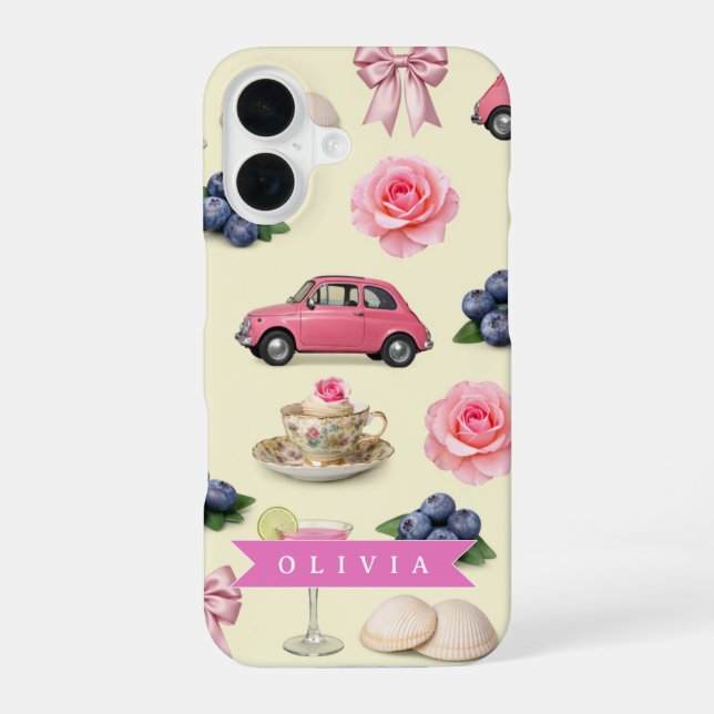 Personalized Cute Coquette Pink Cocktail Ribbon iPhone 16 Case (Back)