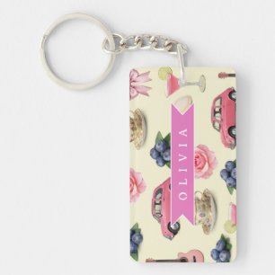 Personalized Cute Coquette Pink Cocktail Ribbon Key Ring