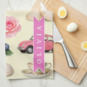 Personalized Cute Coquette Pink Cocktail Ribbon Tea Towel