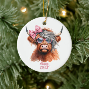Personalized Cute Cow with Bow Ceramic Ornament