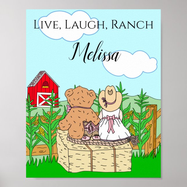 Personalized Cute Cowgirl and Teddy Bear on Ranch Poster (Front)