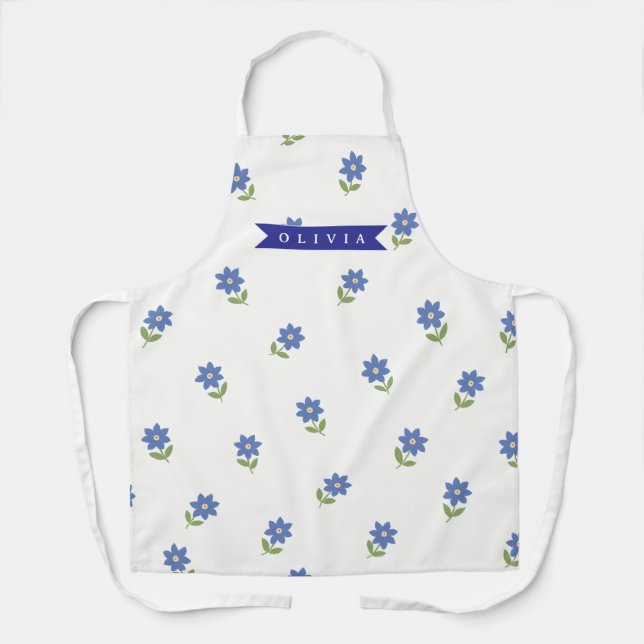 Personalized cute delicate blue floral pattern apron (Front)