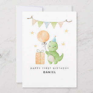 Personalized Cute Dinosaur Watercolor 1st Birthday Card
