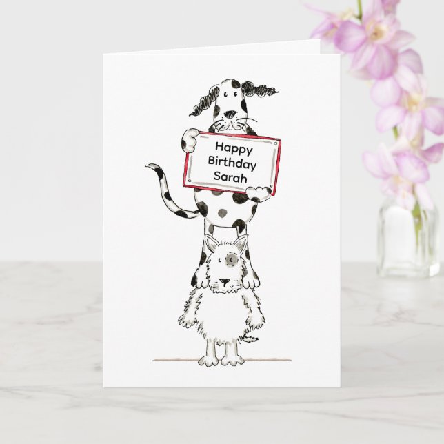 Personalized Cute Dog Acrobats Birthday Card (Orchid)