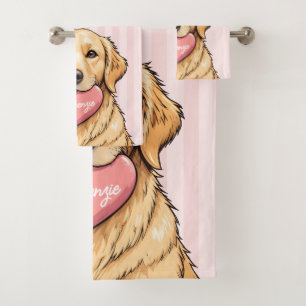 Personalized Cute Dog with Pink Heart Bath Towel Set