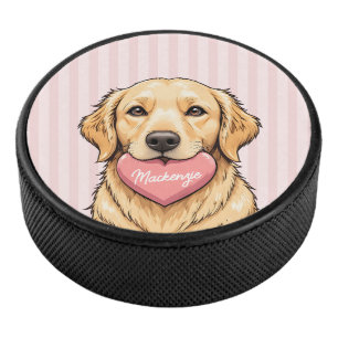 Personalized Cute Dog with Pink Heart Hockey Puck