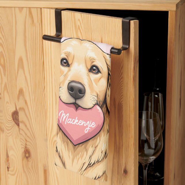 Personalized  Cute Dog with Pink Heart Tea Towel (Thirds Fold)
