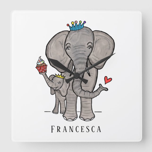 Personalized Cute Elephant and Baby Square Wall Clock (Front)