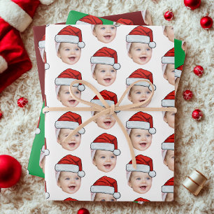 Personalized Cute Face Photo Santa Hat Christmas Wrapping Paper Sheet