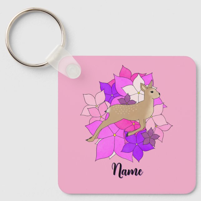 Personalized Cute Fawn and Flowers Pink Key Ring (Front)