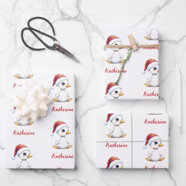 Personalized Cute Festive Christmas Goose Duck  Wrapping Paper Sheet (Front)