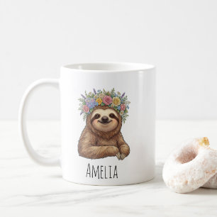 Personalized Cute Floral Sloth with Flower Crown   Coffee Mug