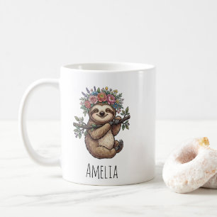 Personalized Cute Floral Sloth with Flower Crown   Coffee Mug