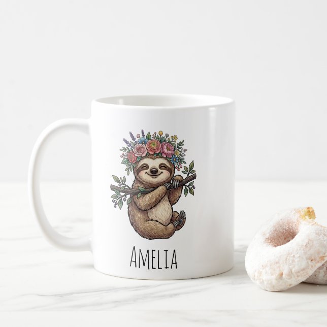 Personalized Cute Floral Sloth with Flower Crown   Coffee Mug (With Donut)