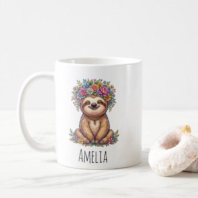 Personalized Cute Floral Sloth with Flower Crown   Coffee Mug (With Donut)