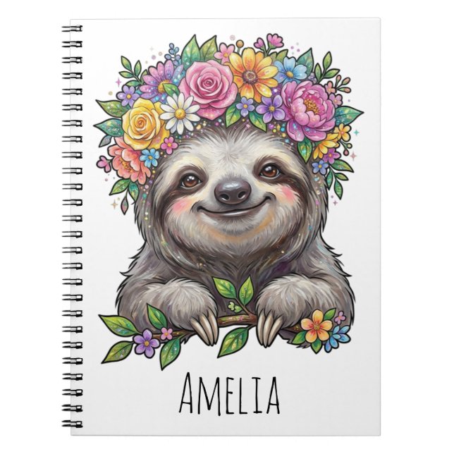 Personalized Cute Floral Sloth with Flower Crown   Notebook (Front)