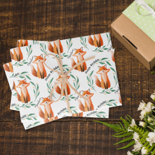 Personalized Cute Fox woodland birthday Wrapping Paper Sheet