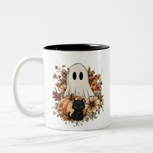 Personalized Cute Ghost and Black Cat Autumn Mug