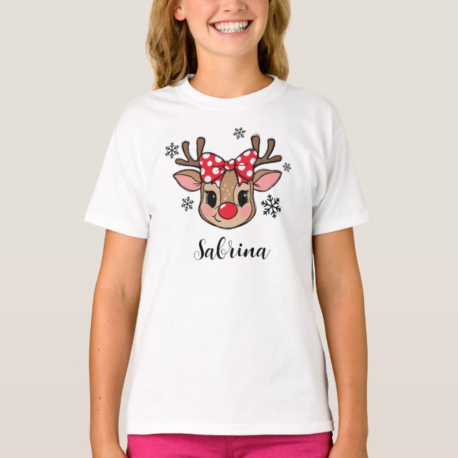 Personalized Cute Girl Reindeer Red Bow Christmas T-Shirt (Front)
