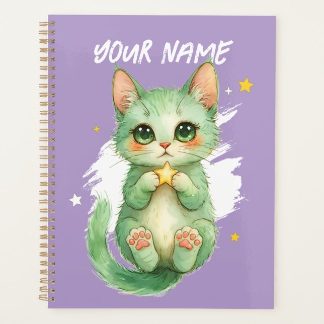 Personalized Cute Green Kitty Cat Planner (Front)