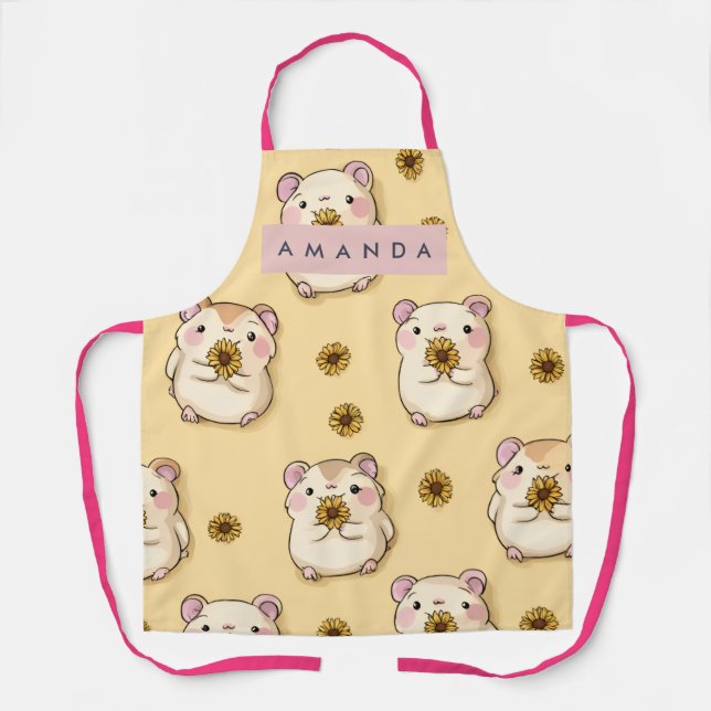 Personalized Cute Hamster & Yellow Flower Pattern Apron (Front)