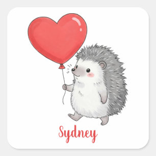 Personalized Cute Hedgehog with Heart Balloon Square Sticker