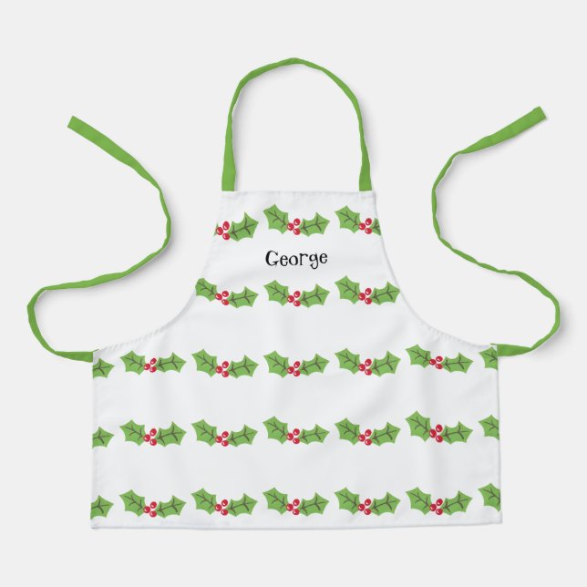 Personalized Cute Holly & Berries Christmas Apron (Front)