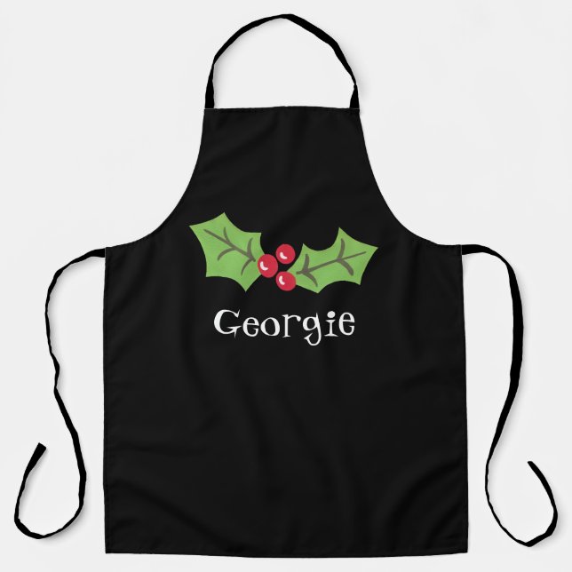 Personalized Cute Holly & Berries Christmas Apron (Front)
