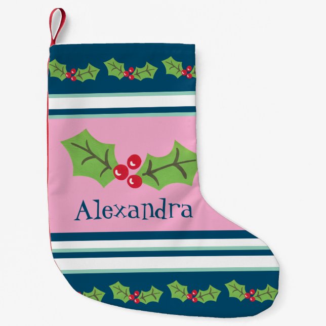 Personalized Cute Holly & Berries Small Christmas Stocking (Front)
