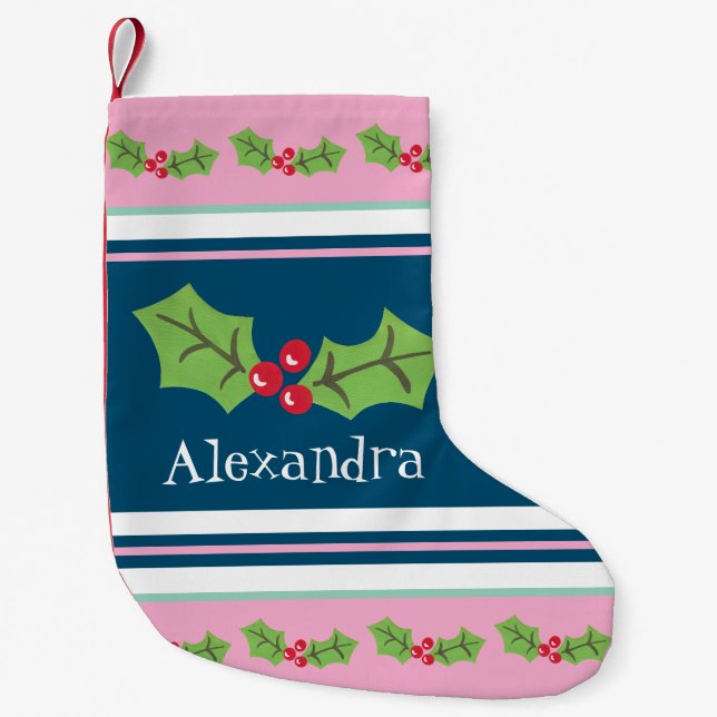 Personalized Cute Holly & Berries Small Christmas Stocking (Front)